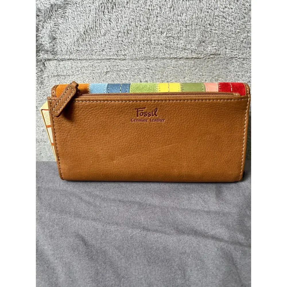 Vintage Fossil Leather Colorblock Patchwork Wallet Rainbow Boho Indie Artisan